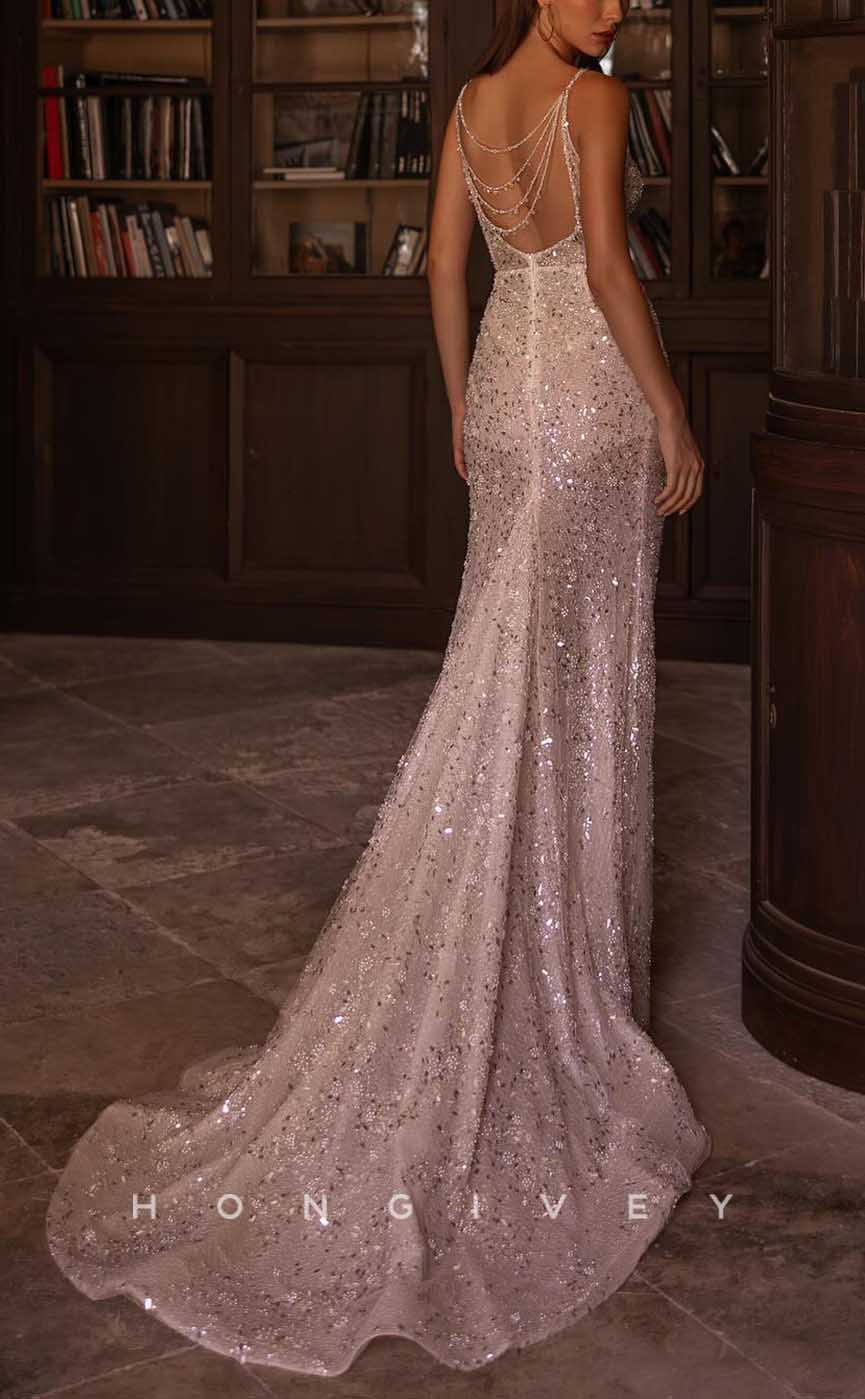 H1713 - Sexy Fitted V-Neck Spaghetti Straps Sequined With Side Slit Wedding Dress