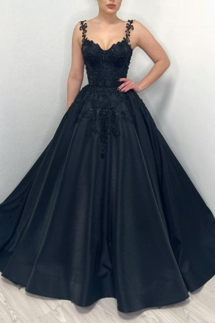 Ball Gown Black Sweetheart Straps Evening Dress with Appliques