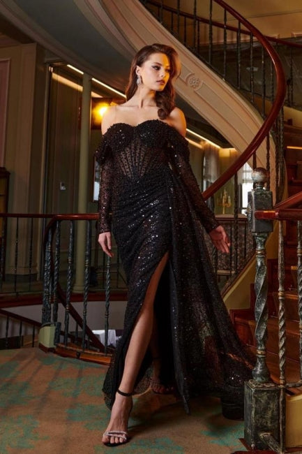 Strapless Floor-Length Black Front Split Unique Prom Dresses with Beadings