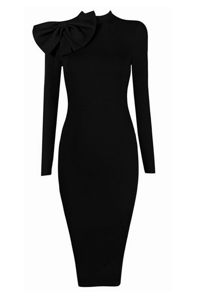 Black High Neck Bandage Dress With Long Sleeves