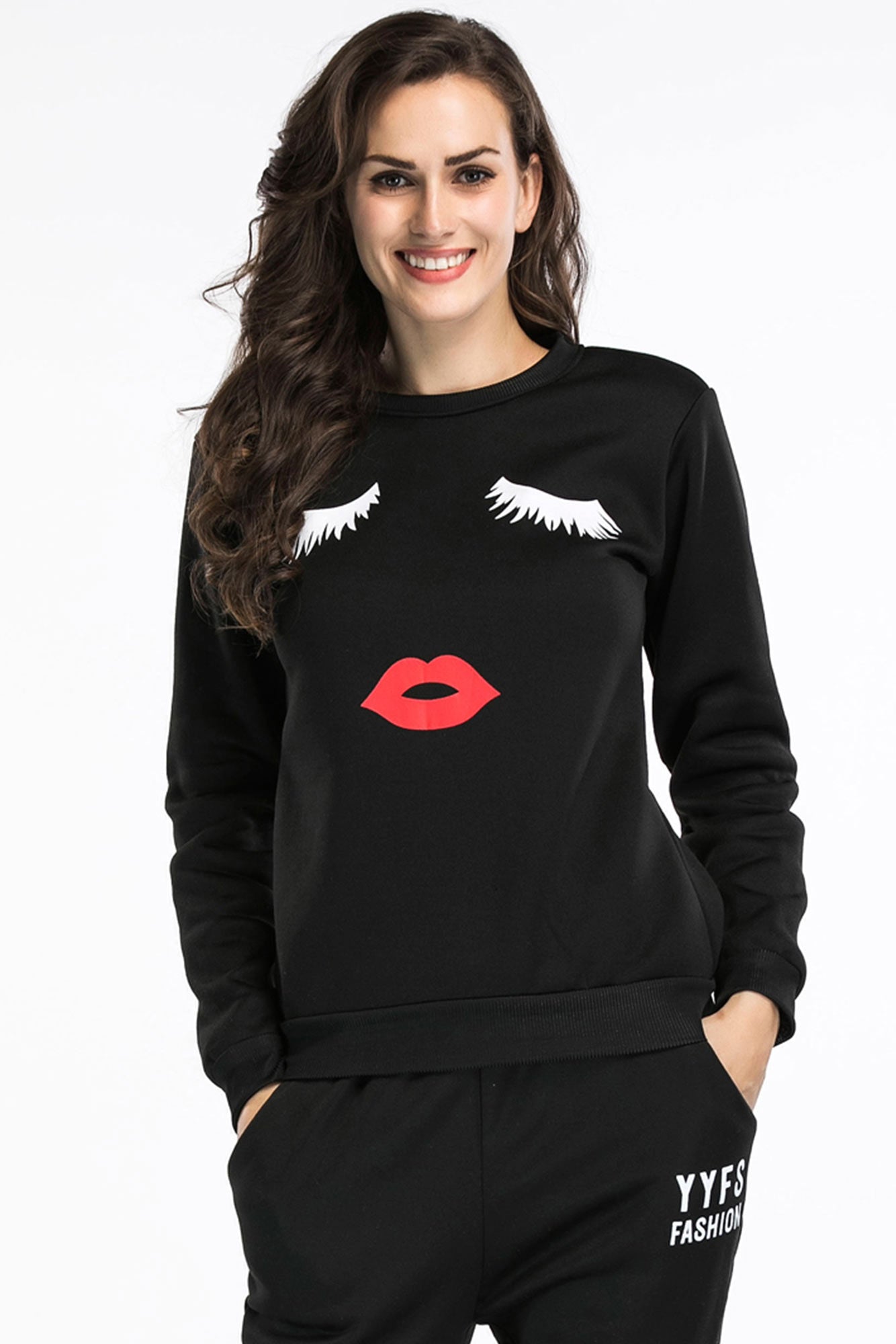 Black Lip Print Pullover Sweatshirt