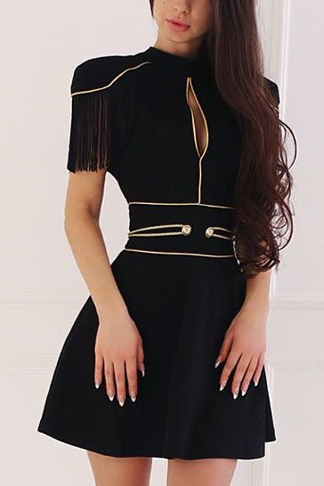 Black Tassel Trim Cutout Cocktail Dress