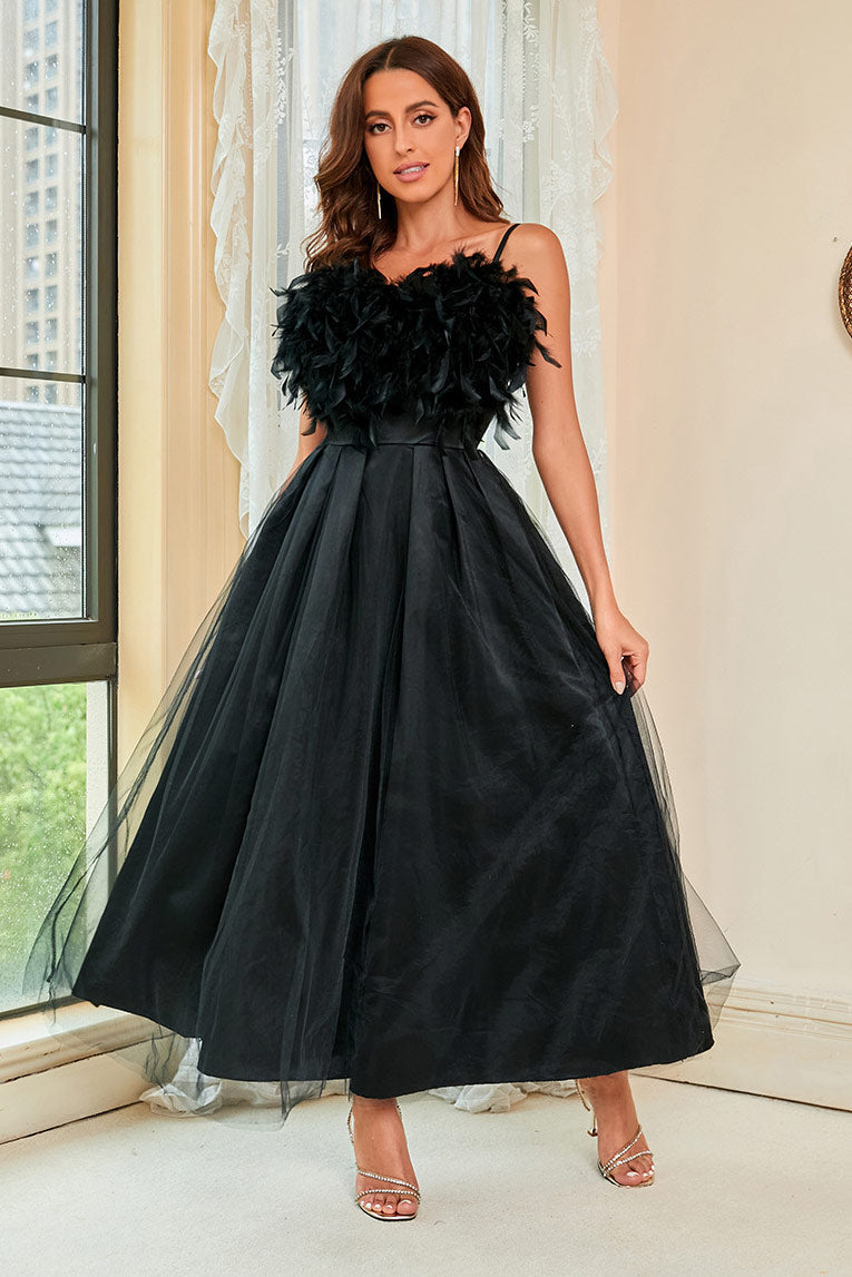 Black A-Line Prom Dress Formal Gown With Feather