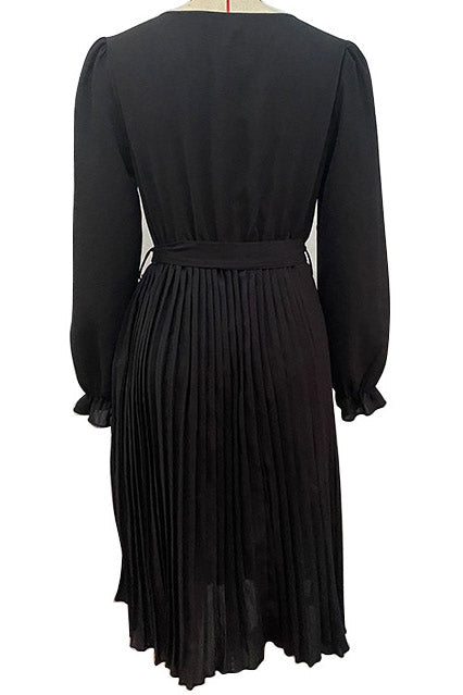 Black Knee Length Pleated Long Sleeve Dress