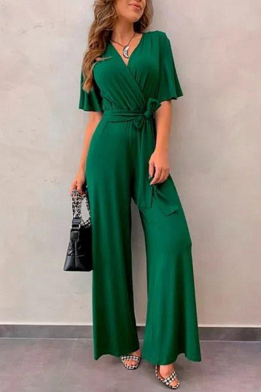 Black Short Sleeves V-neck Jumpsuit