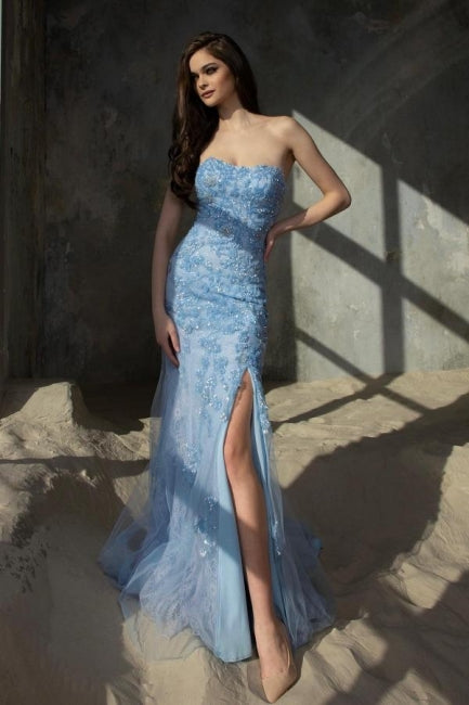 Unique Blue Column Strapless Split Floor Length Tulle Prom Dress with Appliques