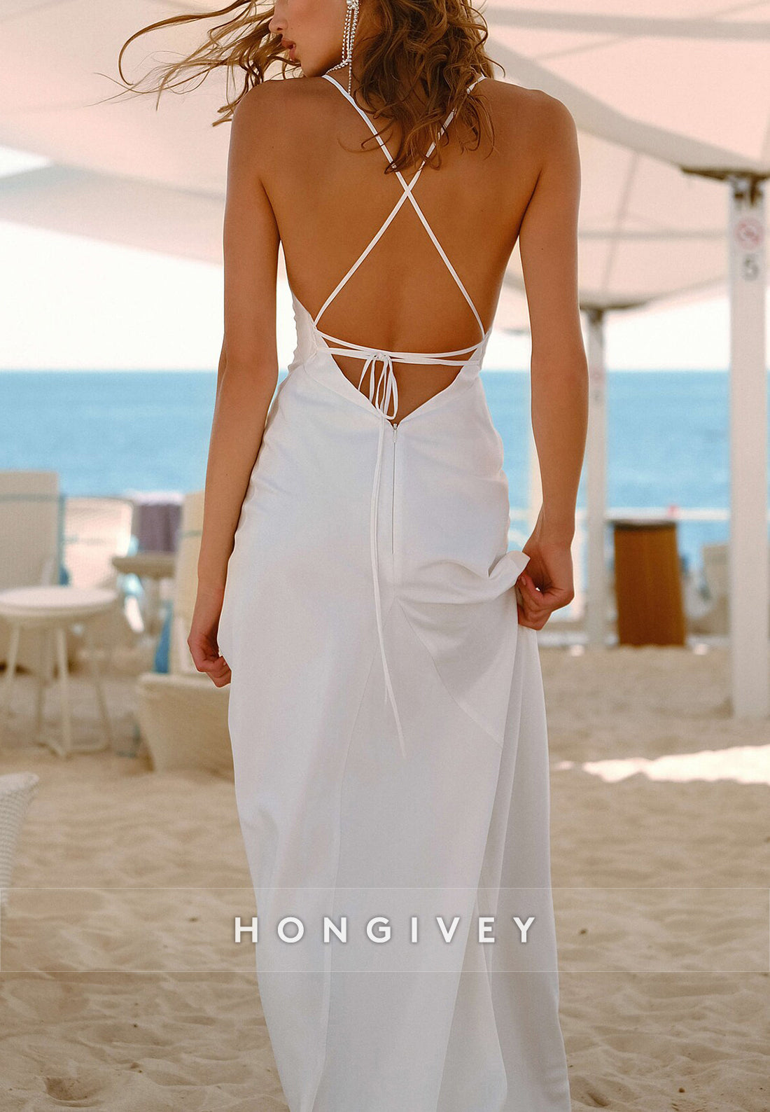 H1770 - Casual V-Neck Sleeveless Lace-Up Beach Wedding Dress