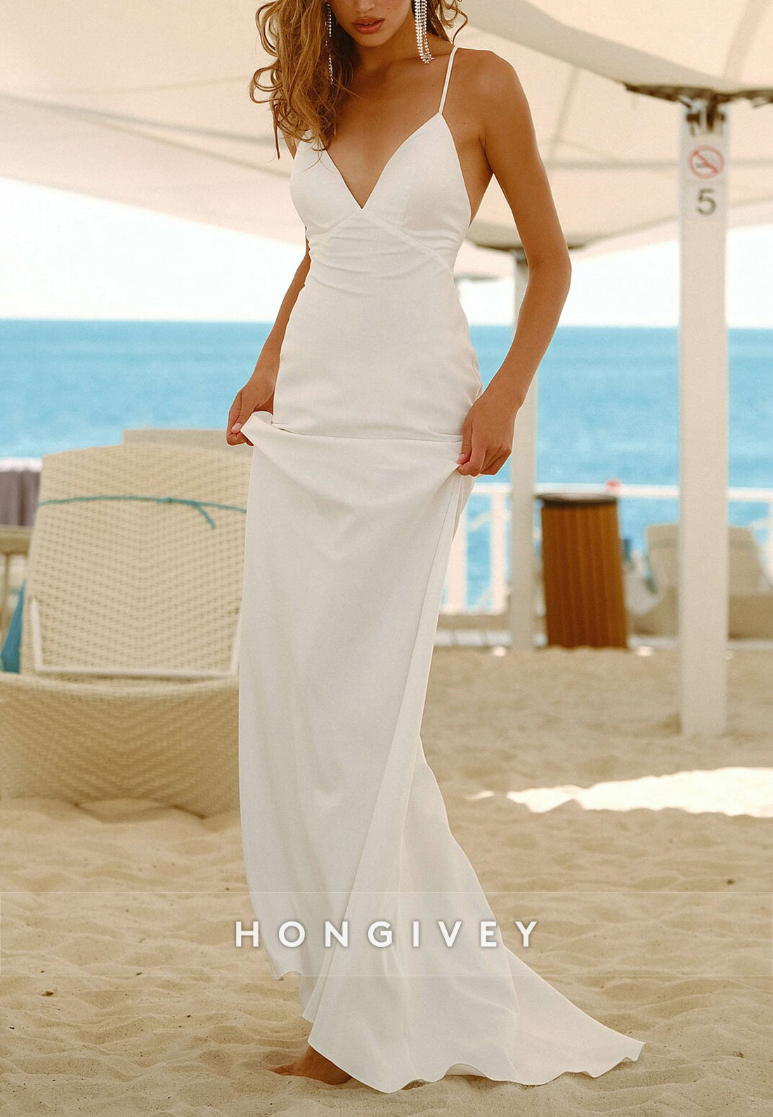 H1770 - Casual V-Neck Sleeveless Lace-Up Beach Wedding Dress