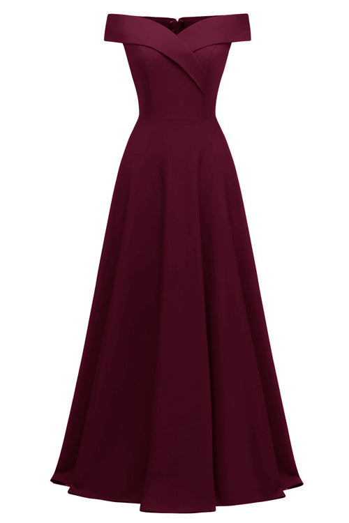 Burgundy A-line Off-the-shoulder Long Formal Dress