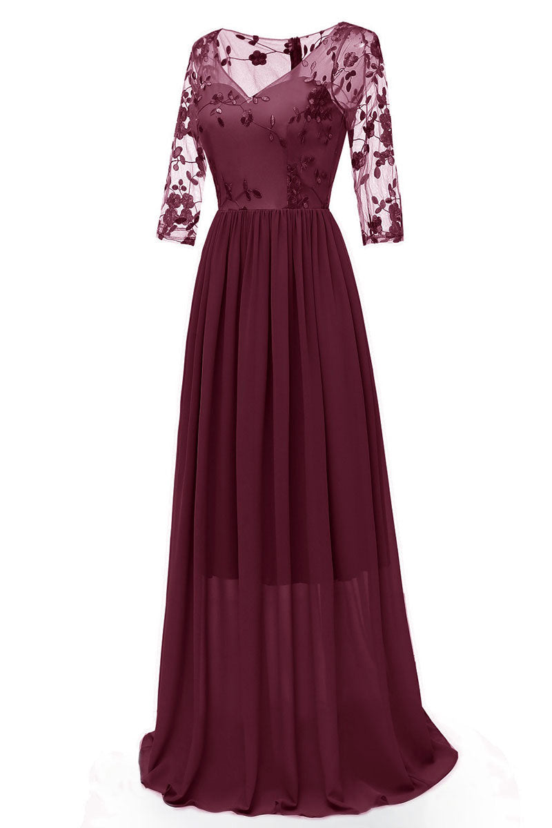 Burgundy Long A-line Long Sleeves Prom Dress With Appliques