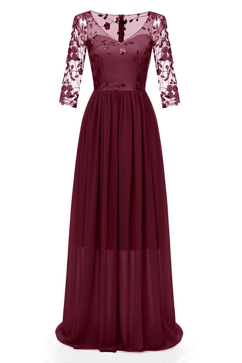 Burgundy Long A-line Long Sleeves Prom Dress With Appliques