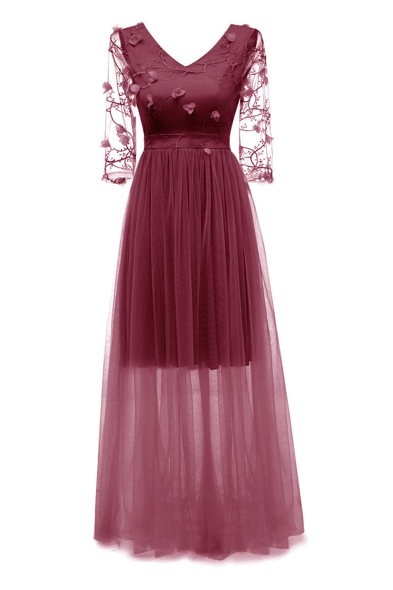 Burgundy Long V-neck Applique A-line Prom Dress With Sleeves