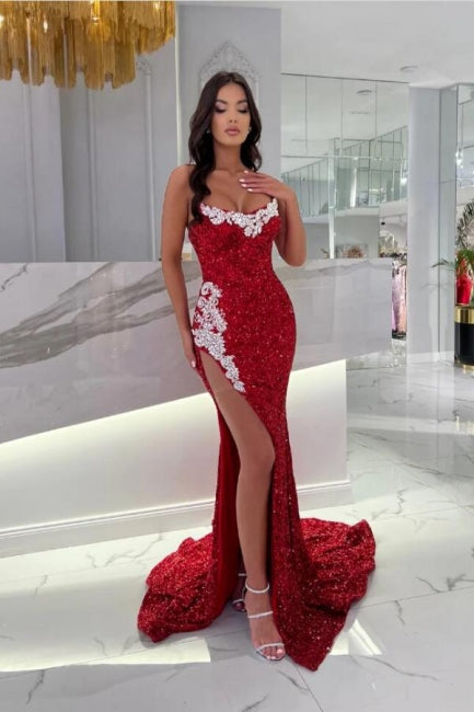 Sexy Mermaid Burgundy Split Front Floor-Length Prom Dress with Appliques