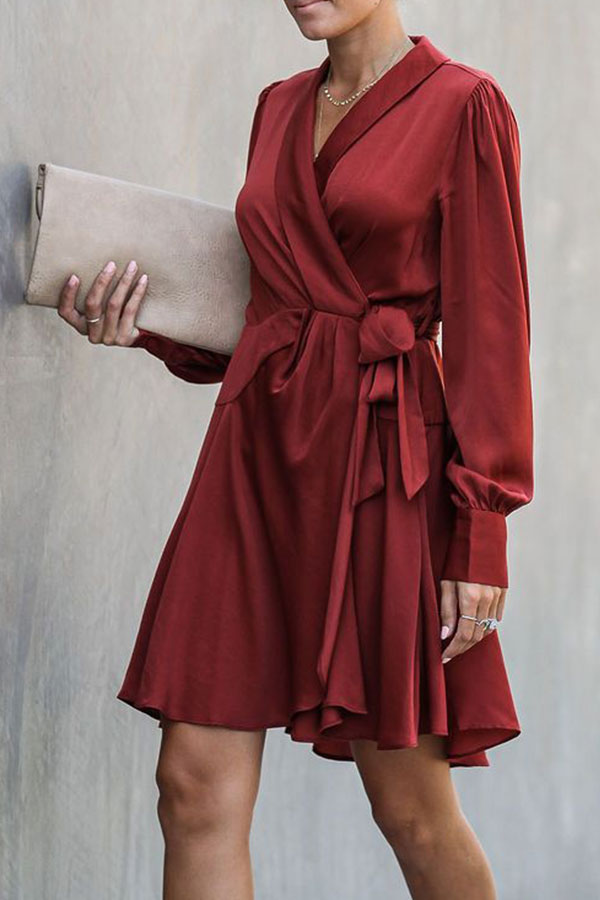 Burgundy V-neck Tie Front Wrap Dress