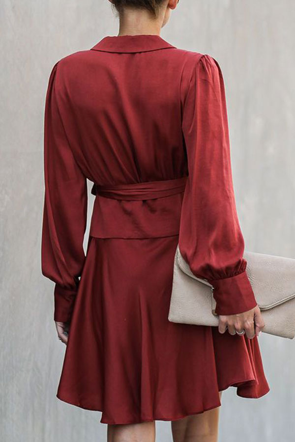 Burgundy V-neck Tie Front Wrap Dress