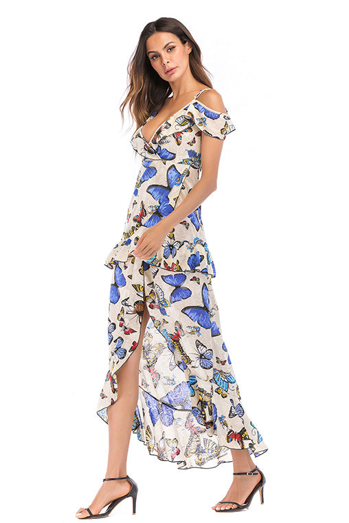 Butterfly Print V-neck Off-the-shoulder Asymmetrical Trim Long Dress