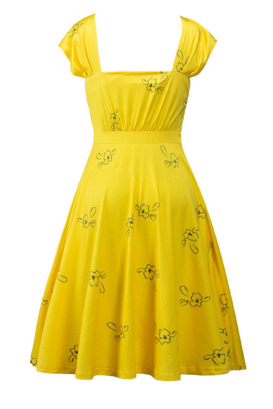 Celebrity Inspired Yellow Cap Sleeves A-Line Dress