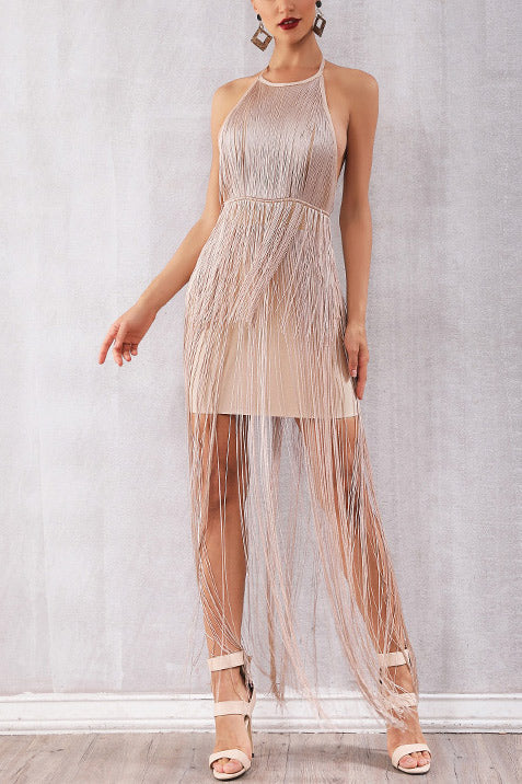 Champagne Backless Tassel Overlay Halter Party Dress