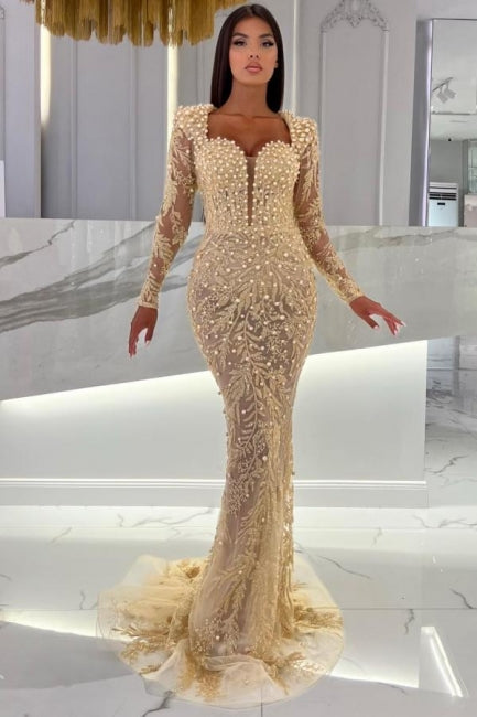 Champagne Sweetheart Long Sleeves Tulle Mermaid Prom Dress with Beadings