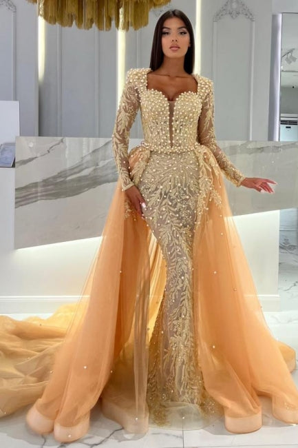 Champagne Sweetheart Long Sleeves Tulle Mermaid Prom Dress with Beadings