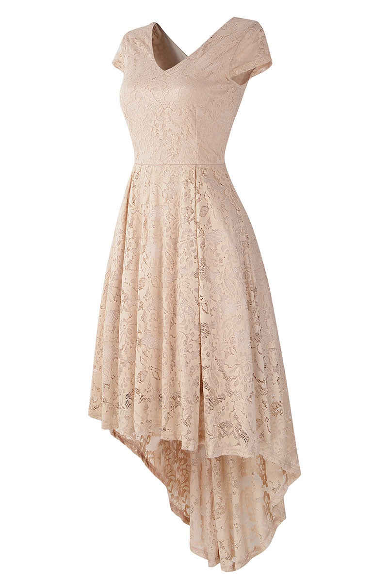 Champagne V Neck Cap Sleeve Lace Prom Dress