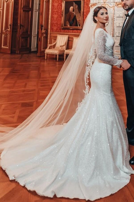 Charming Long A-line Lace Sequined Beaded Wedding Dress with Long Sleeves and Detachable Train