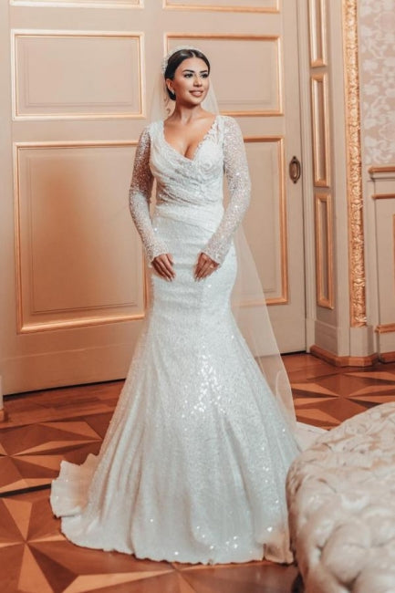 Charming Long A-line Lace Sequined Beaded Wedding Dress with Long Sleeves and Detachable Train