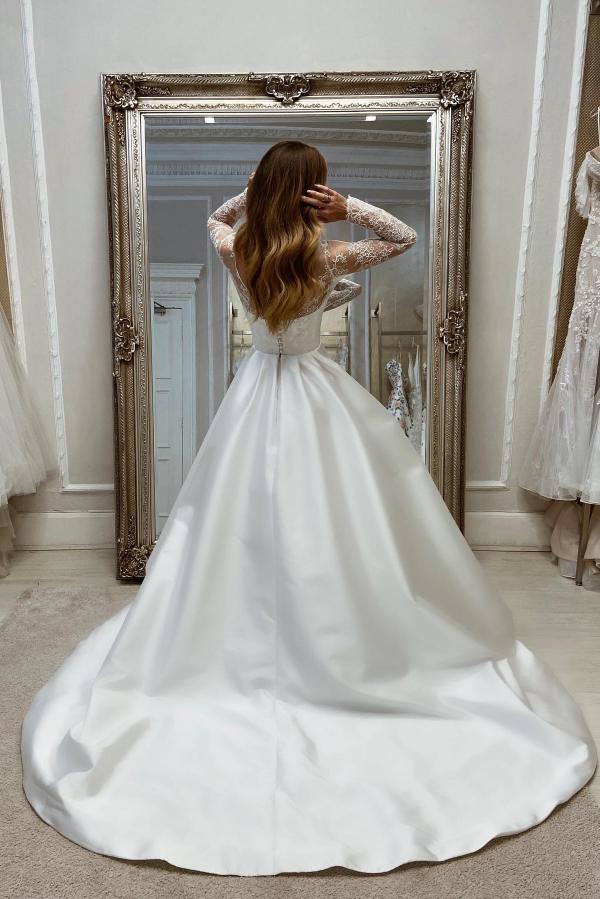 Enchanting Long A-line White Satin Wedding Dress with Long Sleeves and Split