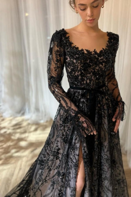 Enchanting Long Black A-Line Lace Glitter Long Sleeves Wedding Dress with Slit