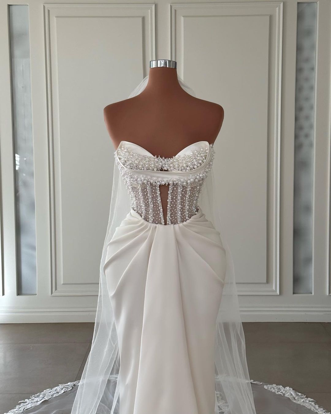 Elegant Long Ivory Mermaid Satin Wedding Dress Adorned With Pearls