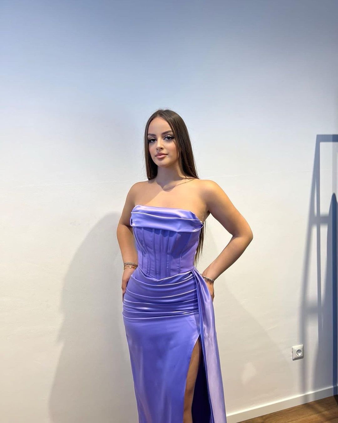 Charming Long Purple Strapless Satin Dress with Split Front and Ruffles