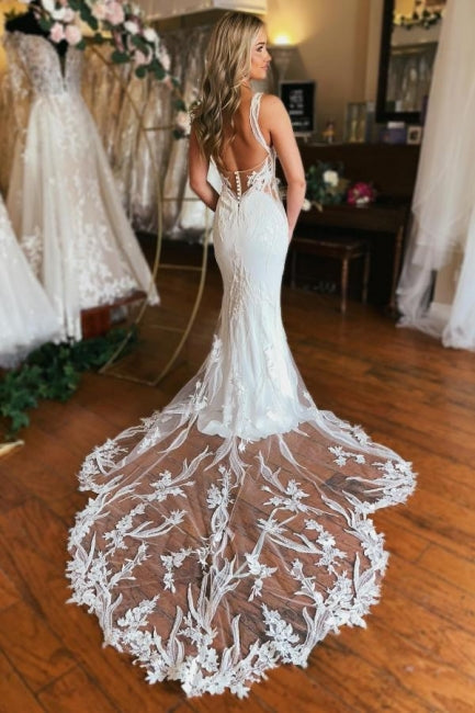 Charming Long V-neck Mermaid Sleeveless Wedding Gown with Intricate Lace