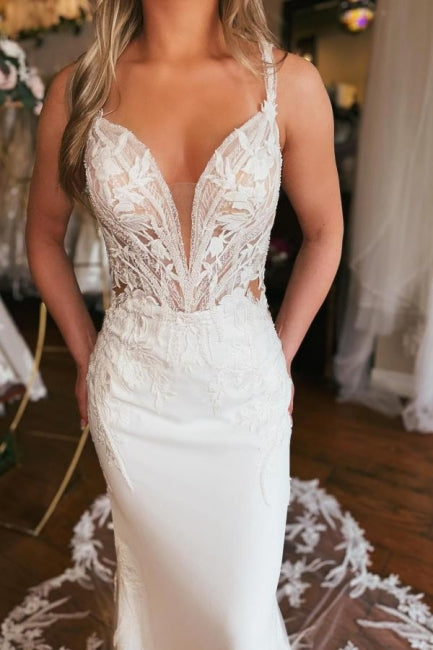 Charming Long V-neck Mermaid Sleeveless Wedding Gown with Intricate Lace