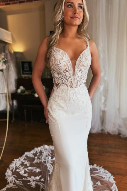 Charming Long V-neck Mermaid Sleeveless Wedding Gown with Intricate Lace