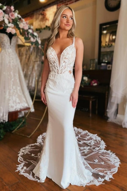 Charming Long V-neck Mermaid Sleeveless Wedding Gown with Intricate Lace