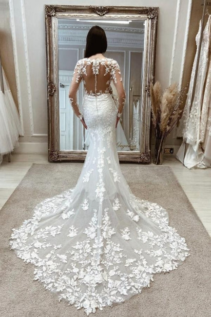 Enchanting Long White Mermaid Lace Wedding Gown with Elegant Long Sleeves