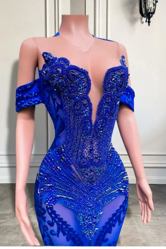 Charming Off-the-Shoulder Royal Blue Crystals Mermaid Prom Dress with Beadwork