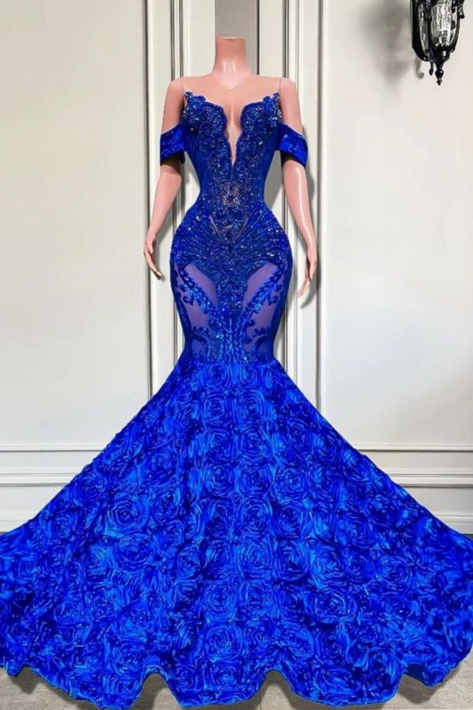 Charming Off-the-Shoulder Royal Blue Crystals Mermaid Prom Dress with Beadwork