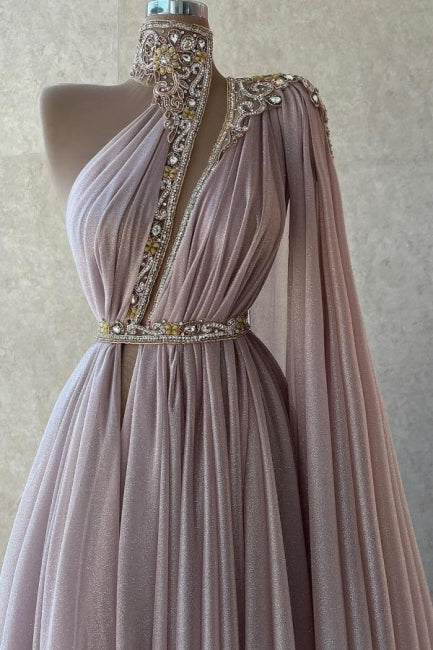 Chic Long Dusty Pink High Neck Lace Prom Dress with Sparkling Glitter