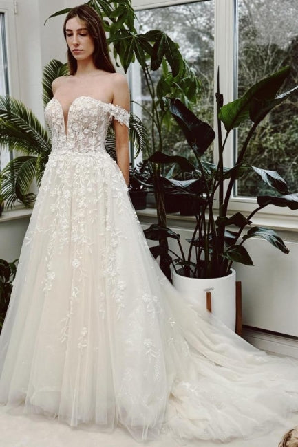 Chic Long Ivory A-Line Off-the-Shoulder V-Neck Sleeveless Lace Bridal Gown