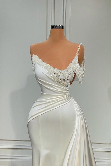 Chic Long Ivory Mermaid One-Shoulder Sleeveless Wedding Gown with Lustrous Pearls