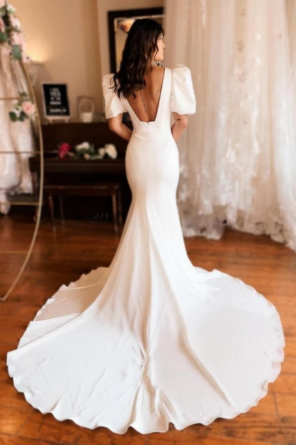 Chic Long Mermaid Square Neck Satin Backless Wedding Dress with Short Sleeves