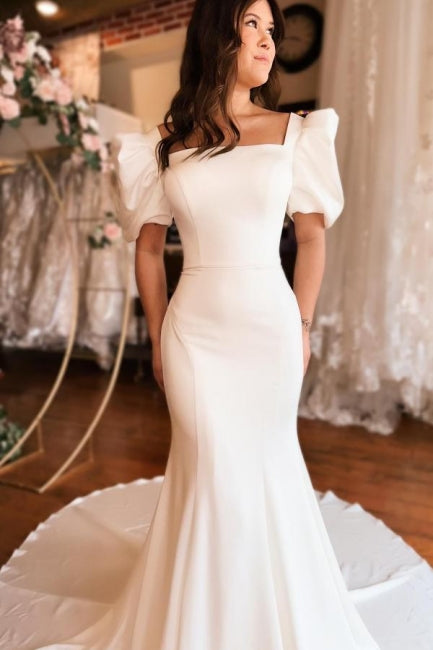 Chic Long Mermaid Square Neck Satin Backless Wedding Dress with Short Sleeves