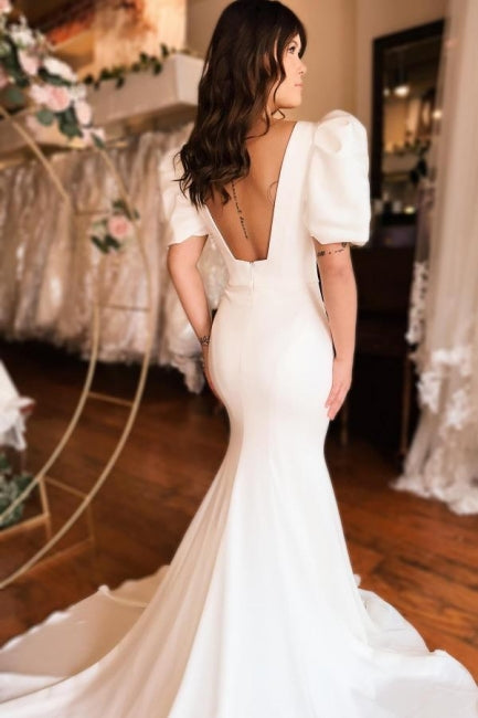 Chic Long Mermaid Square Neck Satin Backless Wedding Dress with Short Sleeves