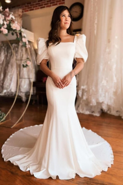 Chic Long Mermaid Square Neck Satin Backless Wedding Dress with Short Sleeves