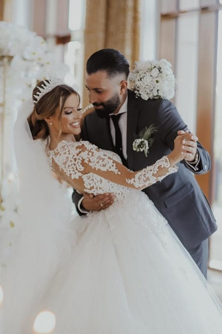 Chic Long White A-line Lace and Tulle Wedding Dress with Long Sleeves