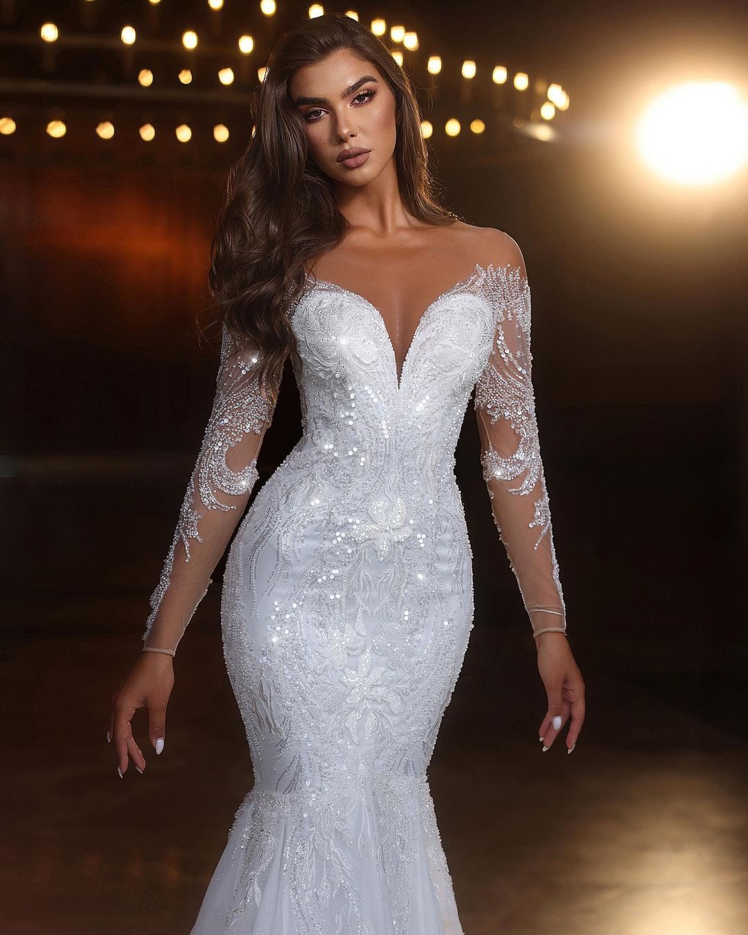 Chic Long White Mermaid Lace Beaded Tulle Long Sleeve Wedding Dress