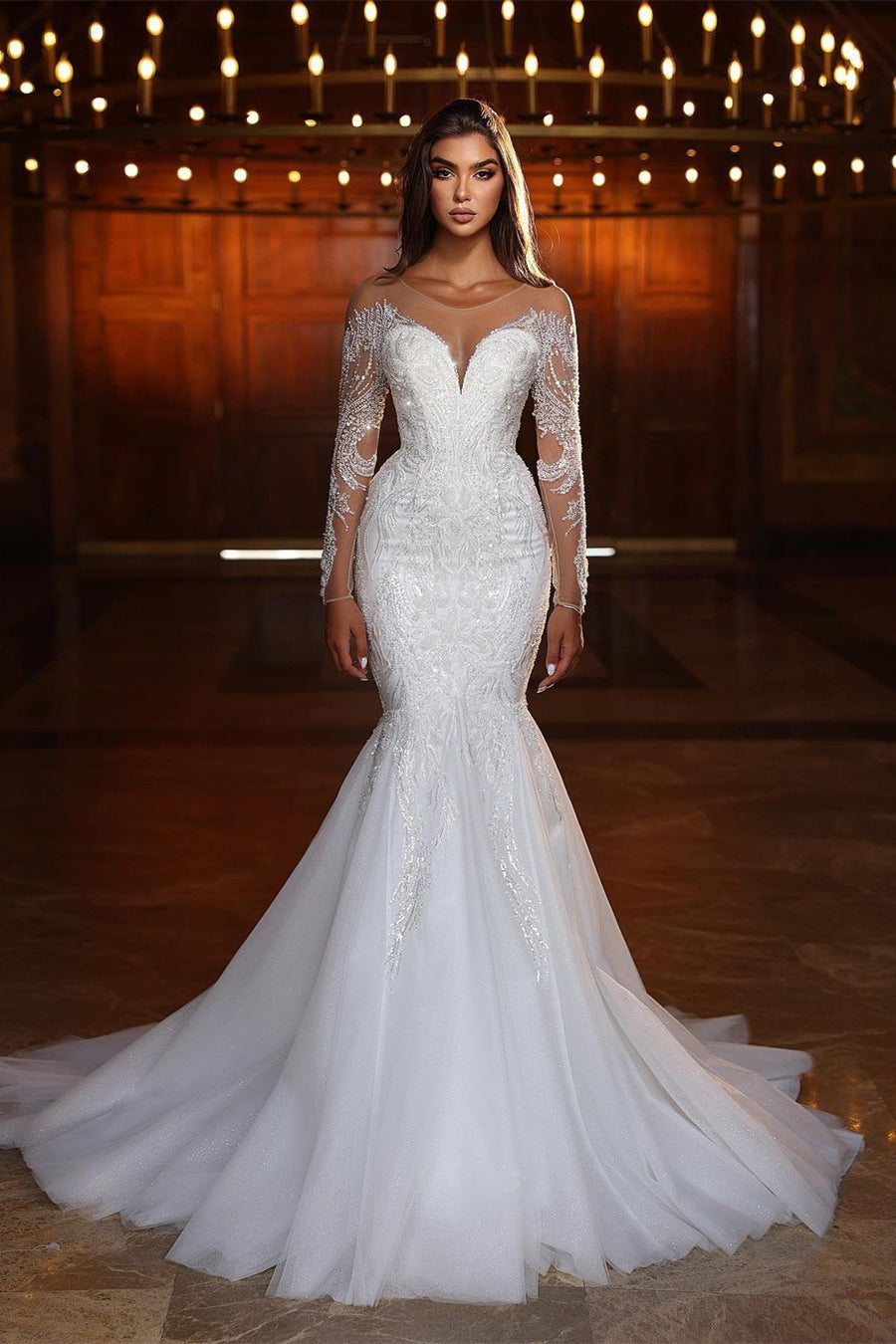 Chic Long White Mermaid Lace Beaded Tulle Long Sleeve Wedding Dress