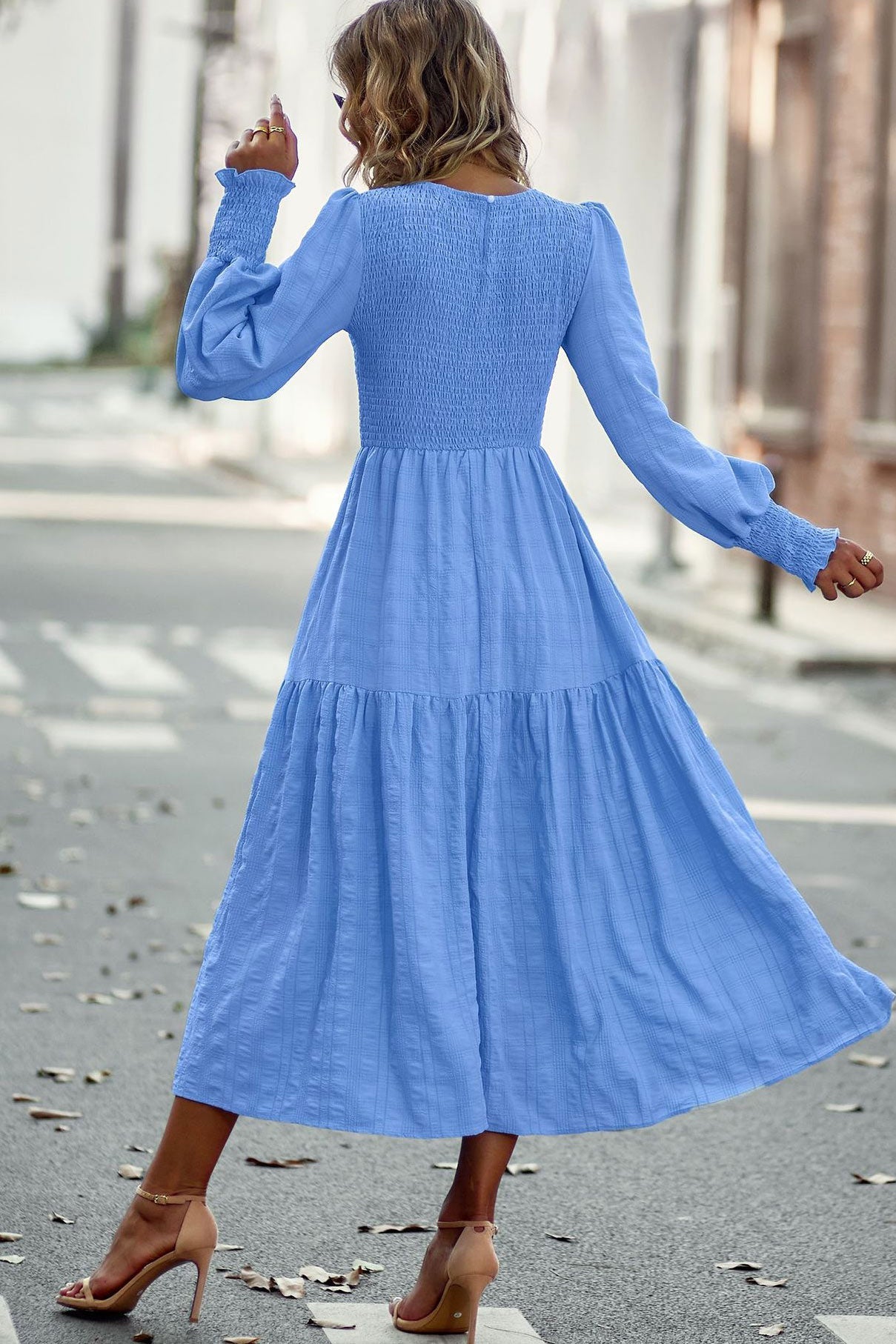 Chic Royal Blue A-Line Long Sleeve Midi Dress