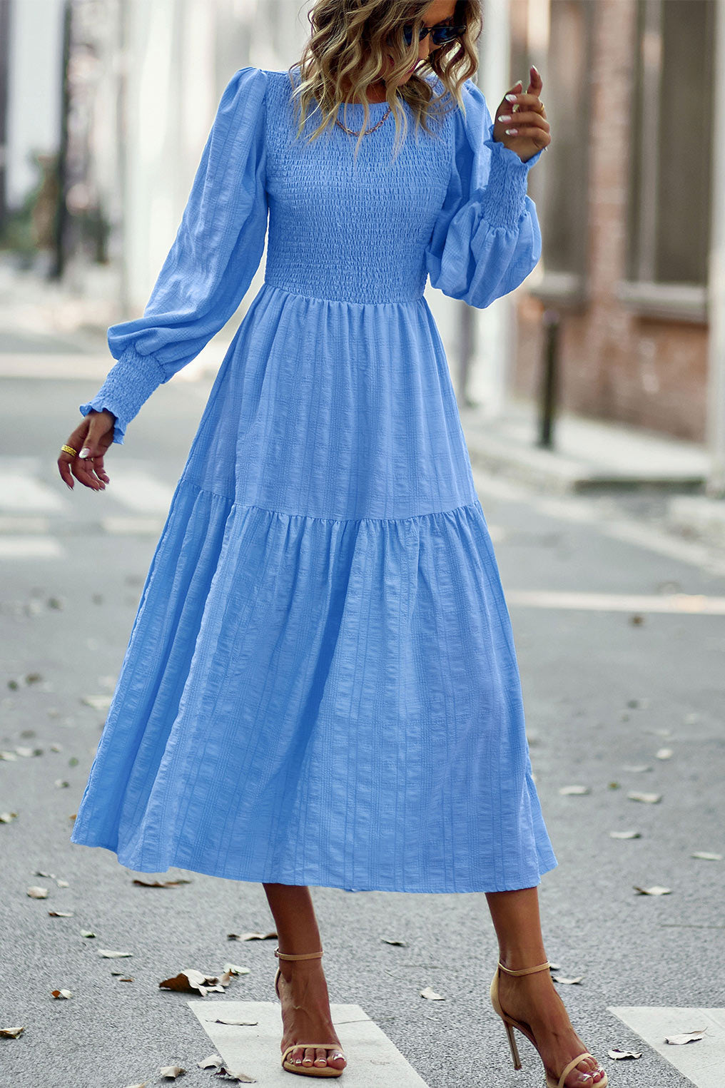 Chic Royal Blue A-Line Long Sleeve Midi Dress